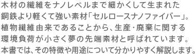 木材の繊維をナノレベルまで細かくして生まれた鋼鉄より軽くて強い素材「セルロースナノファイバー」。植物繊維由来であることから、生産・廃棄に関する環境負荷が小さく夢の先端素材と呼ばれています。本書では、その特徴や用途について分かりやすく解説します。